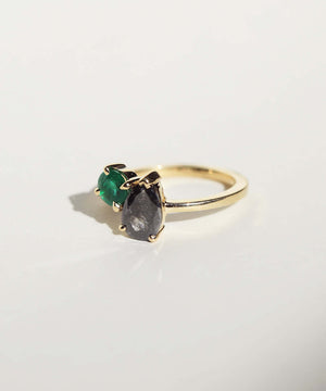 dual ring emerald salt and pepper diamond gold ring Brooklyn New Yor